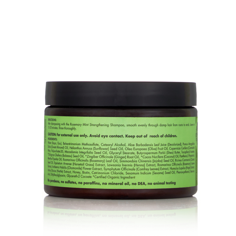 Mielle Organics Rosemary Mint Strengthening Hair Masque – retro confezione con lista ingredienti e istruzioni d’uso