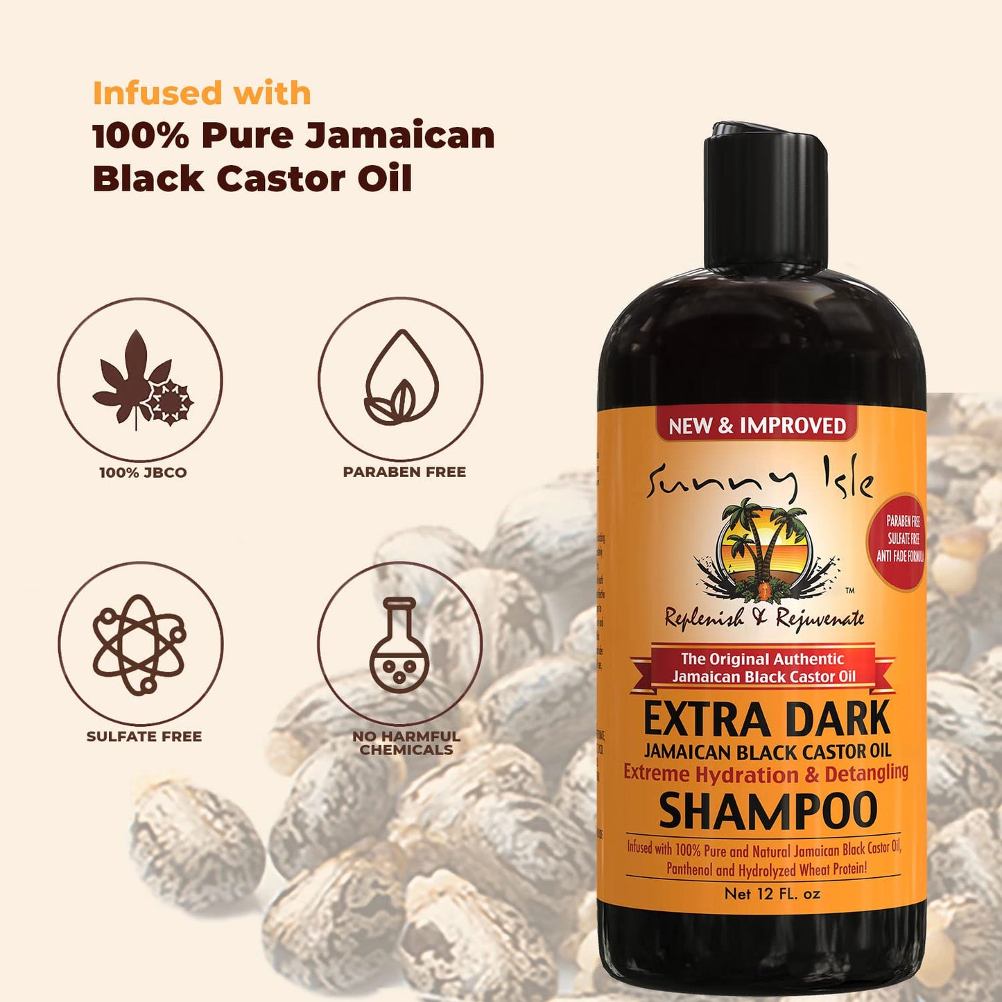 Shampoo Idratante e Districante con Olio di Ricino Nero Giamaicano – Sunny Isle, 340 g