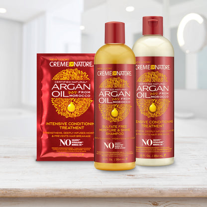 Immagine lifestyle shampoo e balsamo Creme of Nature Argan Oil con confezione monouso