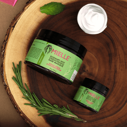 Immagine lifestyle della maschera e edge gel Mielle Rosmarino e Menta 